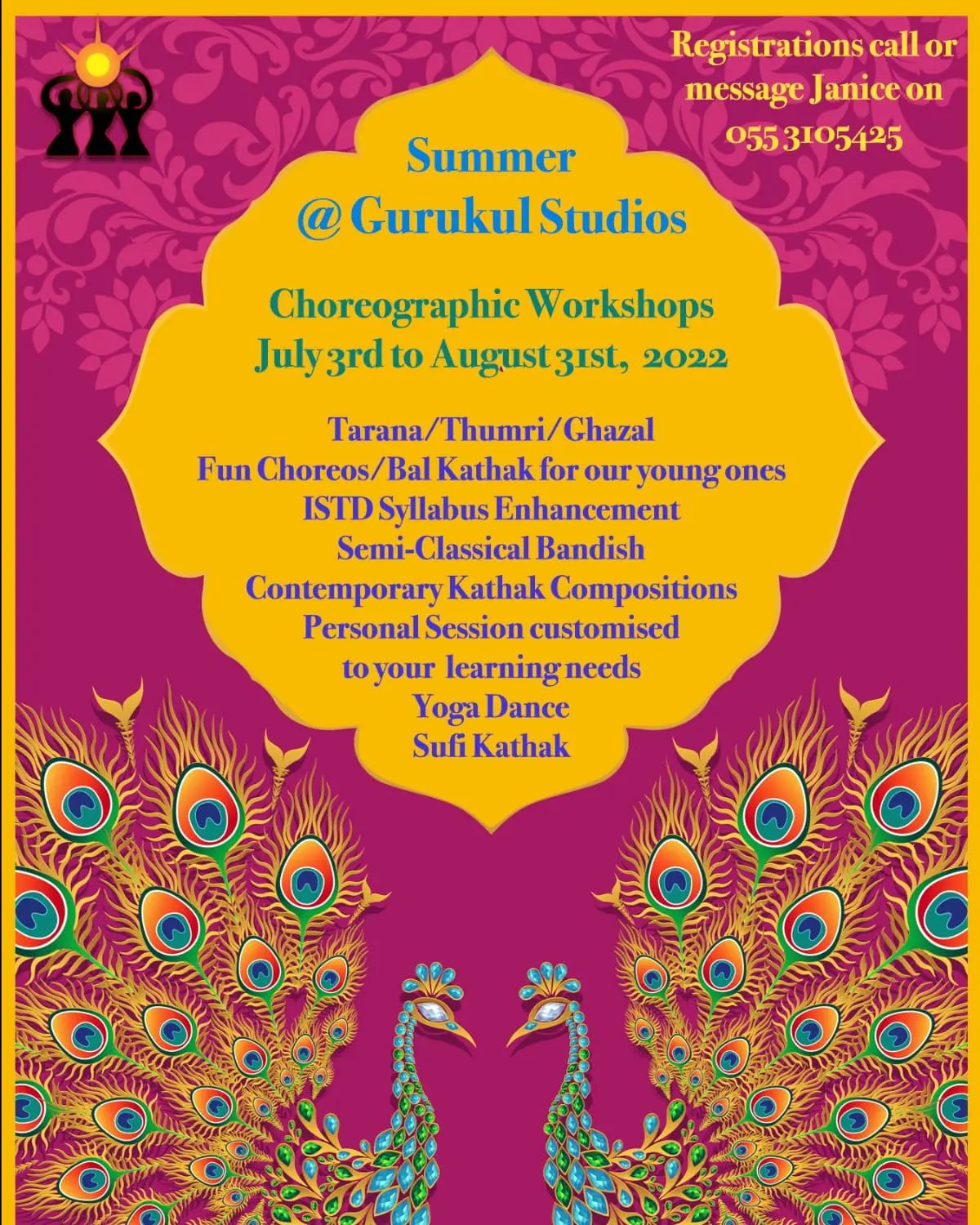 Summer is the perfect time for all dance enthusiasts to catch up on what they have been missing out on because of packed schedules and the famous Dubai traffic jams. :) Prepare yourselves with creative choreographers and soul expressive compositions throughout July and August at Gurukul Studios, Latifa Towers SZR. Call Janice on 0553105425 for more details. Face to face and Online sessions available.