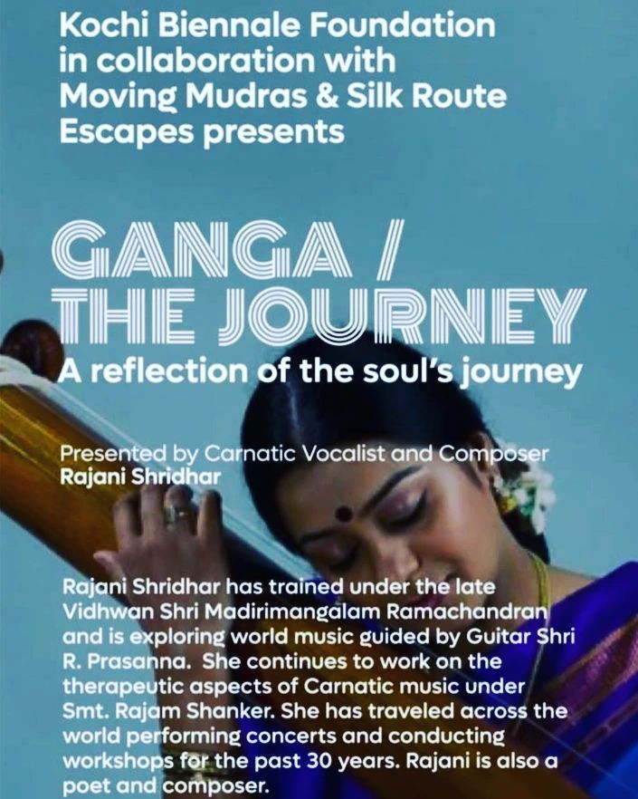 @rajanishridhar a highly accomplished Carnatic music vocalist, a dear friend and mother of @swarashri_kathak Shridhar will be performing her themed concert - 'Ganga The Journey' today at the Kochi Biennale at 7.30pm IST  Watch it live on their Instagram https://instagram.com/kochibiennale?igshid=YmMyMTA2M2Y=

Please join us at Dubai time 6pm.